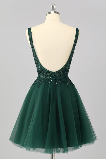 Sparkly Dark Green A Line V-Neck Short Prom Dress